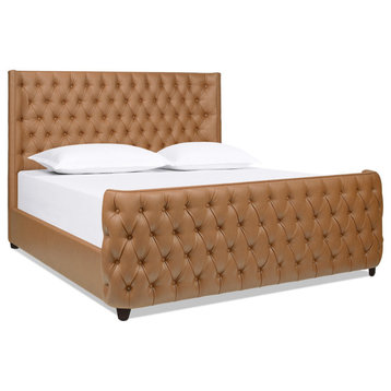 Brooklyn Tufted Wingback Shelter Headboard and Footboard Panel Bed, Caramel Tan Brown Faux Leather, King