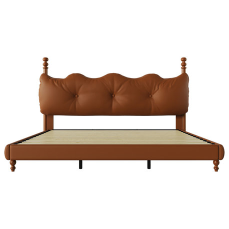 GDF Studio Modern PU Leather Platform Bed, Wood Bed Posts, Coffee, King