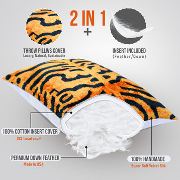 Canvello Handmade Tiger Print Velvet Pillows with Down Iinsert - 16"x24"