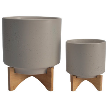 Ceramic 2-Piece Set, 8" and 10" Planter With Wood Stand, Matte Beige