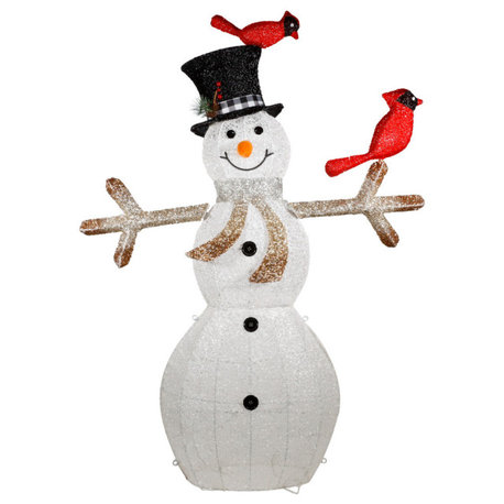 74"H Outdoor Mesh Snowman Lawn Decoration with Red Birds and White LED Lights