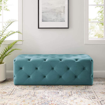 Mid Century Bench, Velvet Upholstery With Elegant Button Tufting, Sea Blue