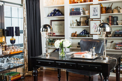 Inspiration for a timeless dark wood floor home office remodel in Baltimore with white walls