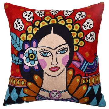 Frida Kahlo Inspired Pillow Cover Red Tiara Hand Embroidered Wool 18x18