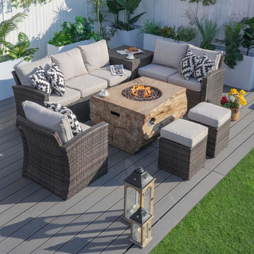 7-piece Patio Wicker Garden Chat Sofa Set with Fire pit and Storage Box, Rectangle