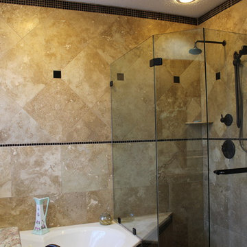 Master Bathroom Travertine, Pebble and Glass