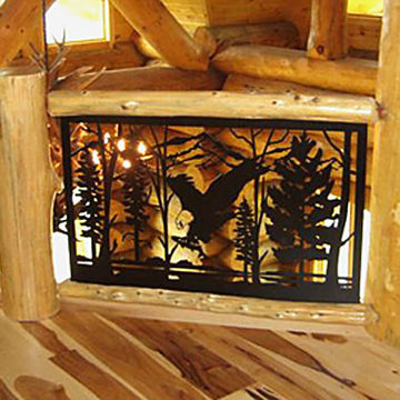 Loft & Balcony Railing with Eagle in Log Home