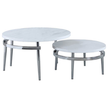 Pemberly Row Contemporary Round Nesting Coffee Table in White and Chrome