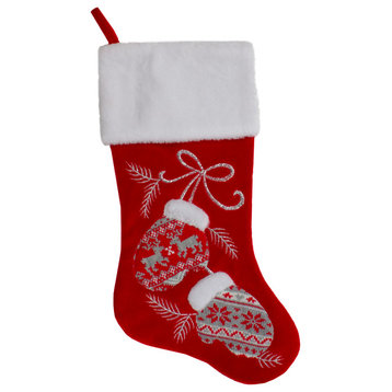 20.5" Red and White Winter Mittens Embroidered Christmas Stocking