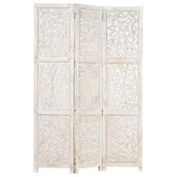 Vidaxl Hand Carved 3-Panel Room Divider White 47.2"x65" Solid Mango Wood