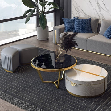 $929.99 Black&White Nesting Coffee Table with Ottomans Faux Marble Coffee Table