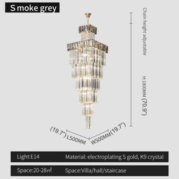 Beuil | High-end Villa Staircase Square Crystal Chandelier, Smoke Gray, H70.9"