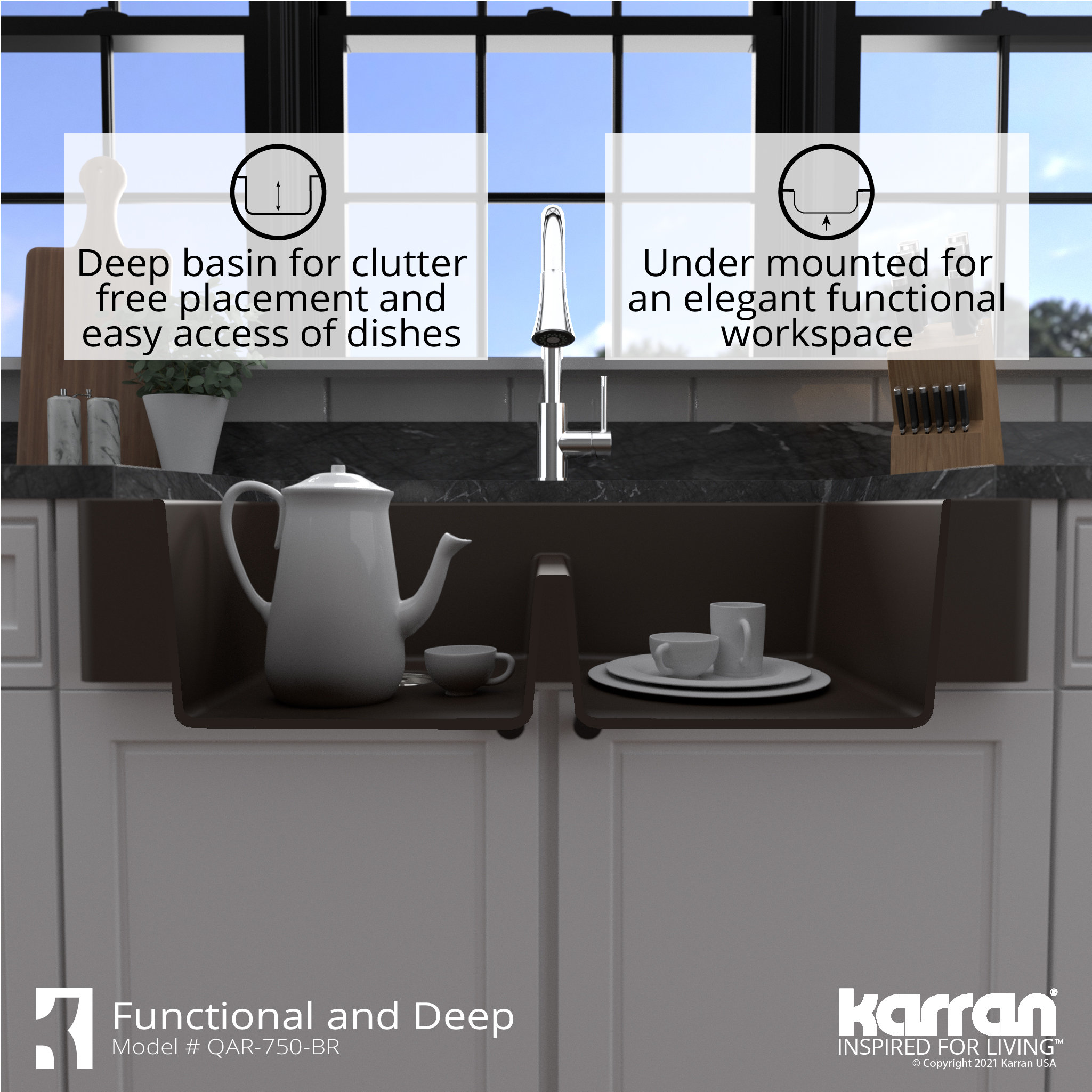 Karran Retrofit Farmhouse Quartz 34" Double Bowl Sink, Brown