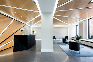 Inspiration for a huge modern concrete floor and gray floor foyer remodel in New York with white walls