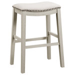 OSP Home Furnishings - 2-Pack Saddle Stool 29" Bar Height Farmhouse Style, Linen Fabric - Refresh your kitchen with chic 29" bar stools. The perfect option for entertaining friends, quick meals, and enjoying a morning cup of coffee. Tons of classic charm thanks to a painted, white-washed finish, beautiful nailhead trim surrounding a thick padded saddle seat. Attractive solid wood frame. Sold as convenient 2-pack. Arrives ready to assemble.