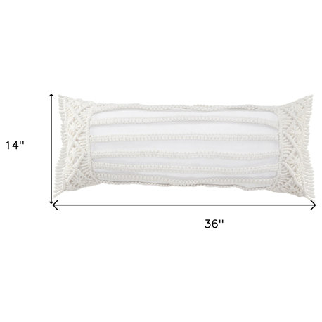 14" X 36" White Textured Indoor Outdoor Throw Pillow With Fringe