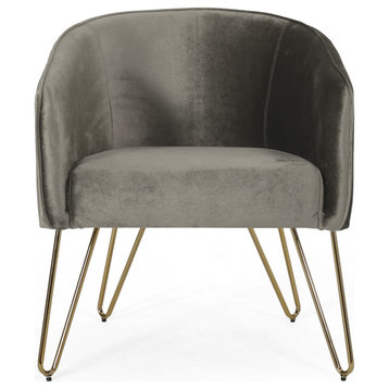 Paul Modern Glam Velvet Club Chair with Hairpin Legs, Grey + Gold