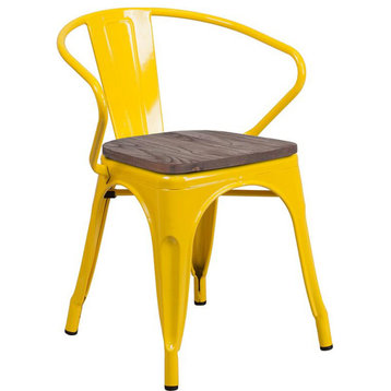 Metal Chair With Wood Seat and Arms, Yellow