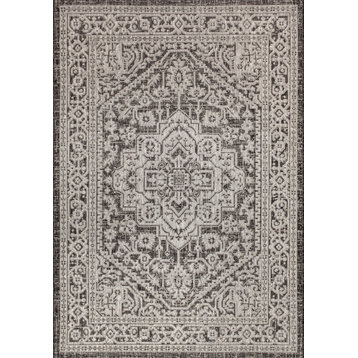 Sinjuri Medallion Textured Weave Indoor/Outdoor, Gray/Black, 9 X 12