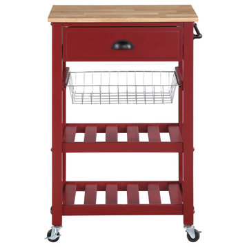 Hampton Kitchen Cart With Wood Top and Red Base