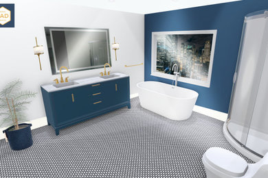 Inspiration for a transitional master black and white tile mosaic tile floor and double-sink bathroom remodel in Atlanta with blue cabinets, a one-piece toilet, marble countertops and a freestanding vanity