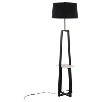 Cosmo Shelf Floor Lamp, White Marble, Black Metal, Black Linen