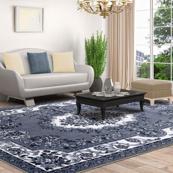 Seraphina Traditional Floral Washable Area Rug, Black/White, 2 Ft. X 3 Ft.