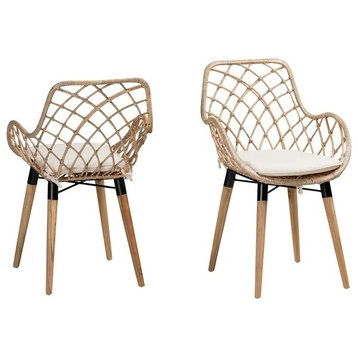 Set of 2 Dining Chair, Cushioned Seat With Grey Wash Grid Back & Teak Wood Legs