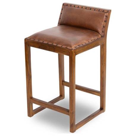 Pemberly Row 25.5'' Contemporary Wood/Leather Square Counter Stool in Tan