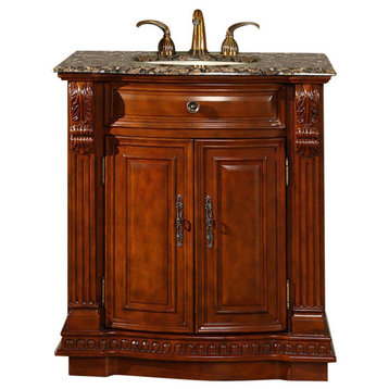 33 Inch Small Cherry Brown Bathroom Vanity with Sink, Granite Top, Traditional