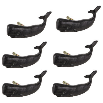 Set of 6 Black Painted Cast Iron Whale Drawer Pull Rustic Furniture Decor Knob