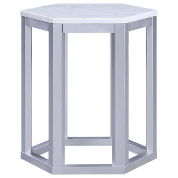 Modern End Table, Hexagonal Design With Open Wood Base & Marble Top, Silver/Gray