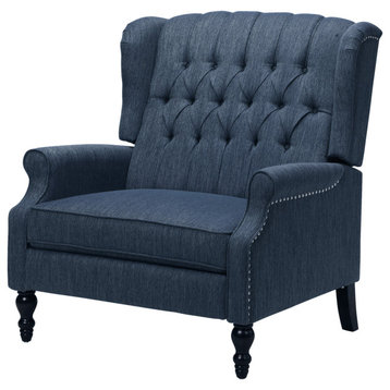 Salome Oversized Tufted Fabric Push Back Recliner, Navy Blue and Dark Brown