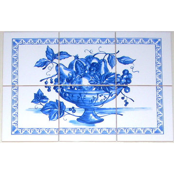 Blue Delft Fruit Ceramic Tile Mural Backsplash, 6-Piece Set