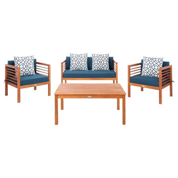 Safavieh Alda 4-Piece Outdoor Set With Accent Pillows, Natural/Navy/White