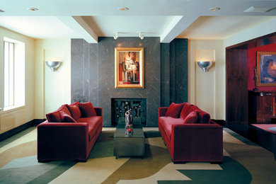 Inspiration for a mid-sized eclectic formal and open concept dark wood floor and brown floor living room remodel in New York with beige walls, a standard fireplace, a concrete fireplace and no tv