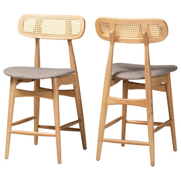 Mid-Century Modern Gray Fabric and Natural Oak Wood 2-Piece Counter Stool Set