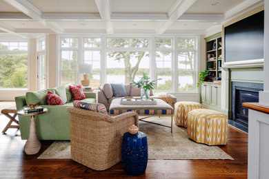 Example of a beach style living room design in Boston