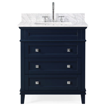 30" Felix Navy Blue Modern Bathroom Vanity, Italian Carrara Top