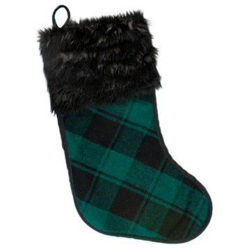 19" Green and Black Plaid Christmas Stocking With Faux Fur