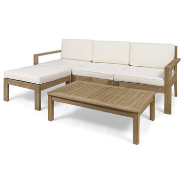 Makayla Ana Outdoor 3 Seater Acacia Wood Sofa Sectional With Cushions, Cream