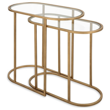 Contemporary 24" x 22" Iron Glass Antique Brushed Gold Nesting Tables