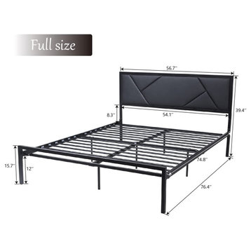 Modern Full Size Metal Bed Frame with Geometric Litchi Grain Leather Headboard
