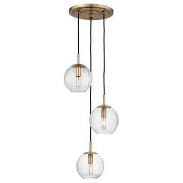 Rousseau, 3 Light, Cluster Pendant, Aged Brass Finish, Clear Glass