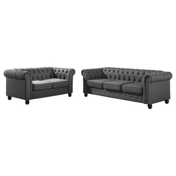 Venice Upholstered Living Room Sofa and Loveseat, 2-Piece Set, Klein Charcoal