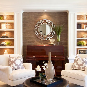 Robeson Design Living Room with Painted Built In Storage Solutions