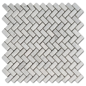 Non Slip Carrara White Marble Herringbone Mosaic Floor Tile Tumbled, 1 sheet