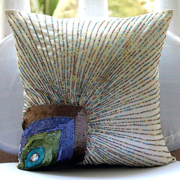 Peacock Feather Ivory Art Silk 16"x16" Decorative Pillow Covers, Peacock Beauty