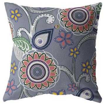 16" Gray Pink Floral Suede Throw Pillow