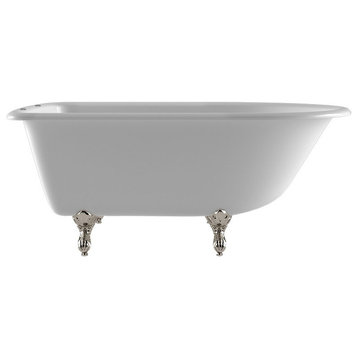 55" Cast Iron Rolled Rim Tub, 7" Faucet Hole Drillings, Brushed Nickel Feet